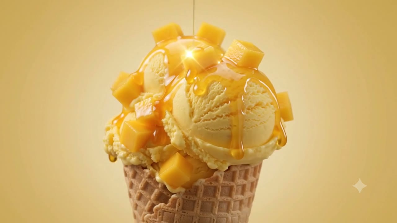 Alphonso mango ice cream cone topped with fresh mango cubes and honey