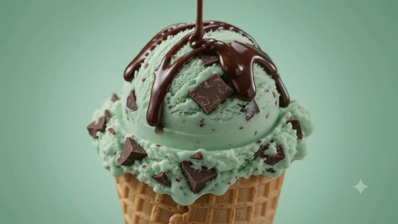 Mint ice cream cone studded with chunks of dark chocolate