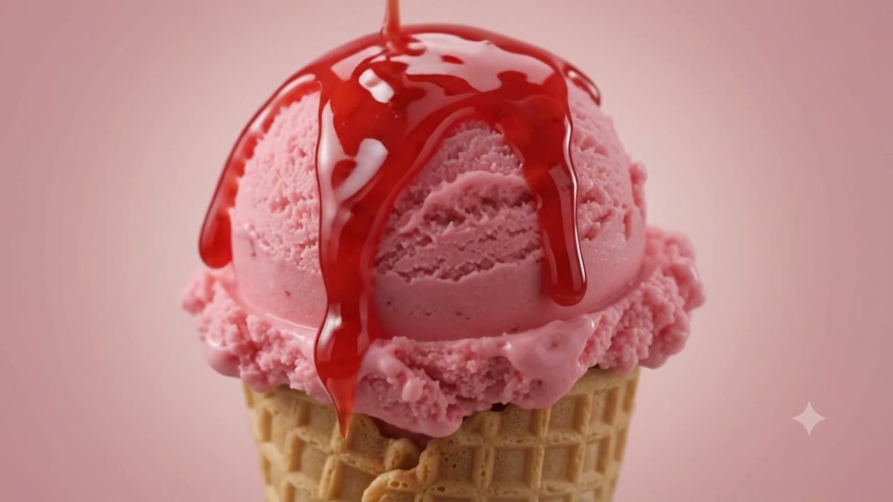 Strawberry ice cream cone with strawberry coulis running down the side