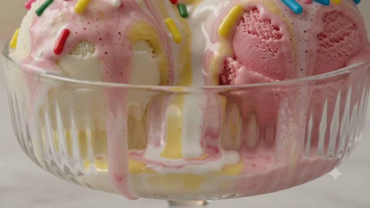 A coupe of ice cream sliding into a melt