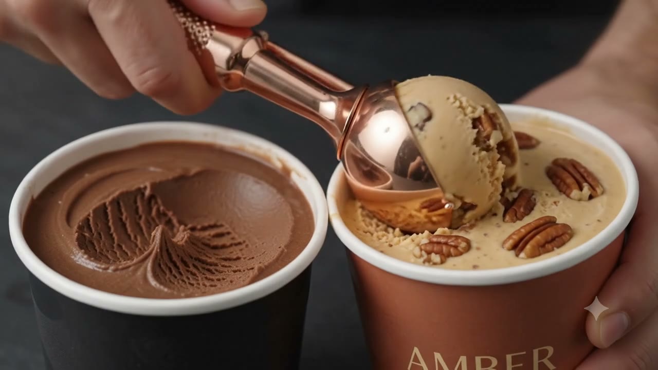 Copper scoop lifting salted pecan ice cream from an Amber pint