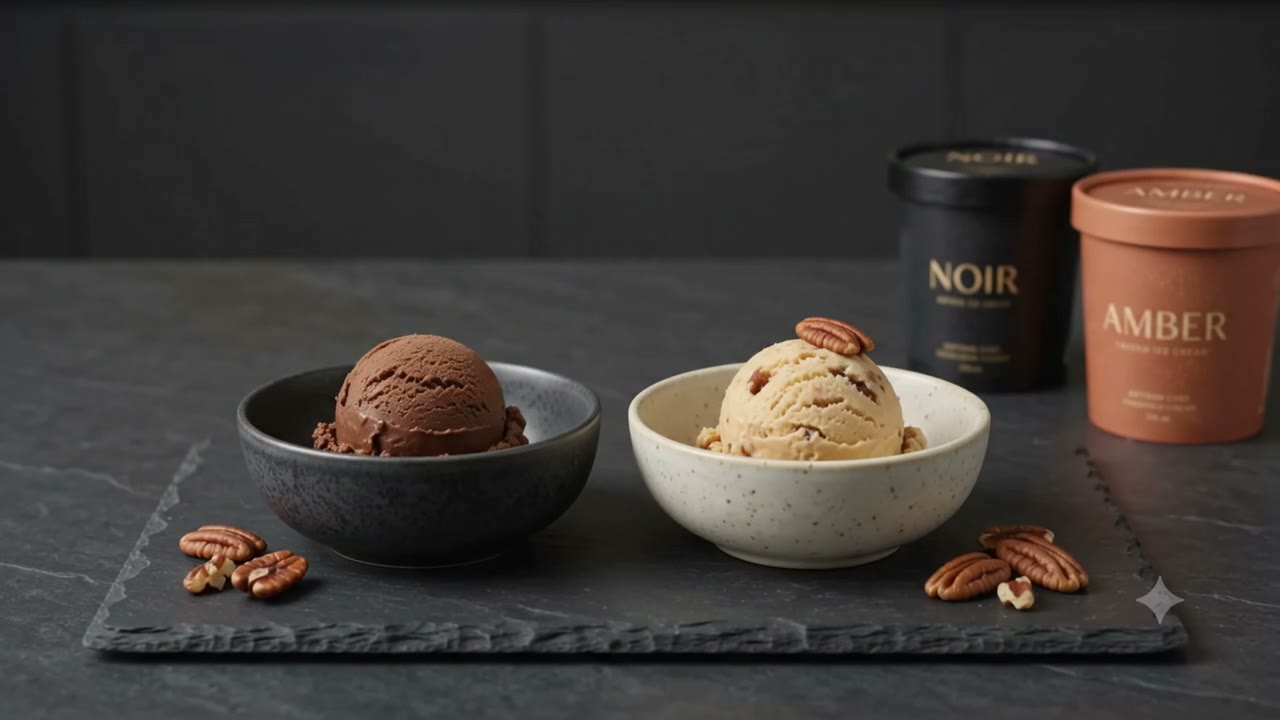 Bowls of Noir and Amber ice cream on slate beside their pints