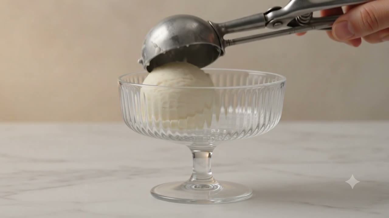 A single scoop of vanilla bean ice cream in a fluted glass coupe