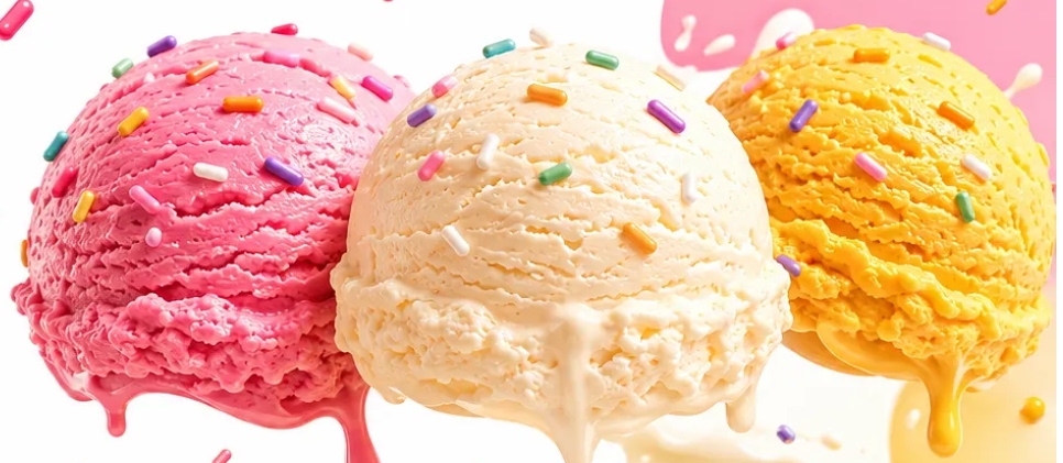Three scoops of strawberry, vanilla and mango covered in sprinkles