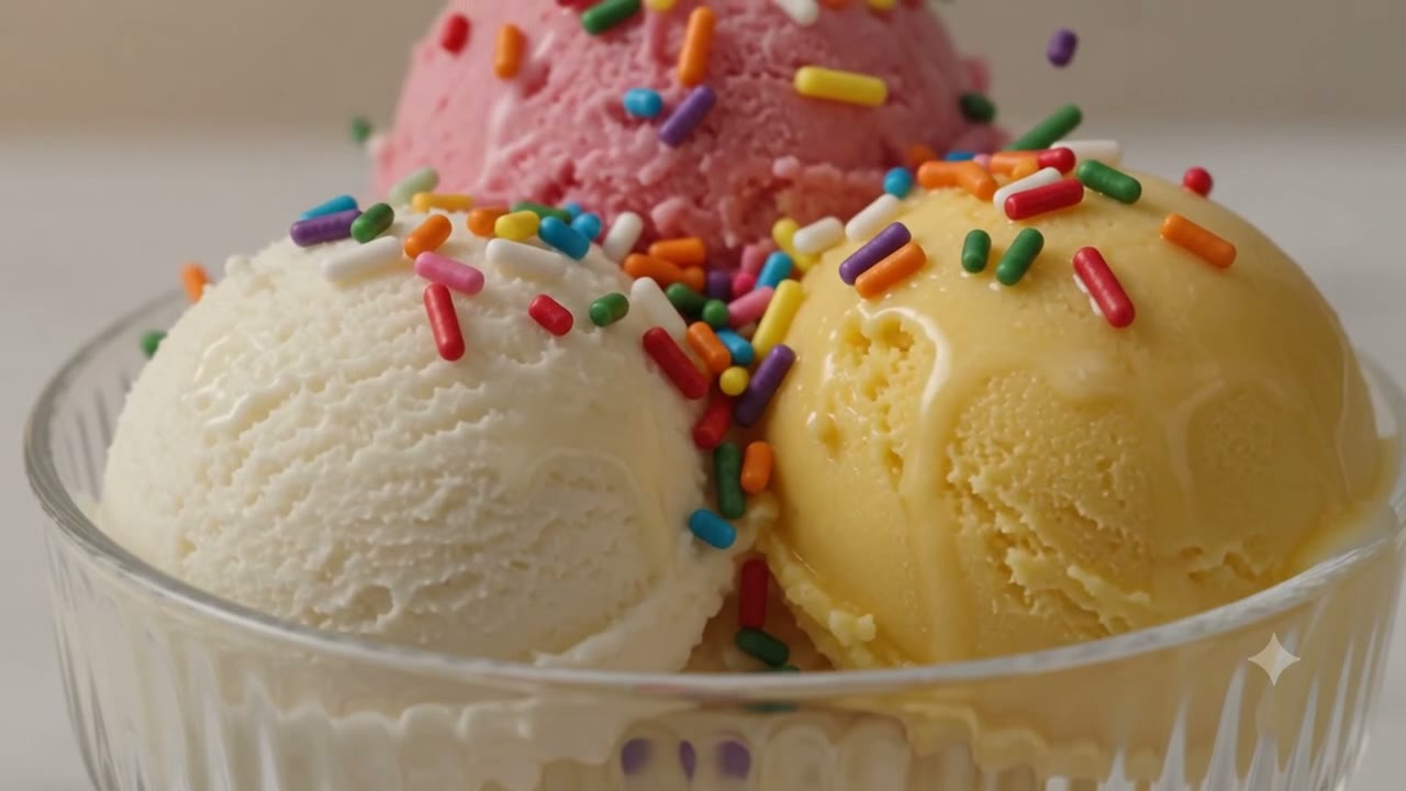 Rainbow sprinkles falling onto a coupe of three scoops